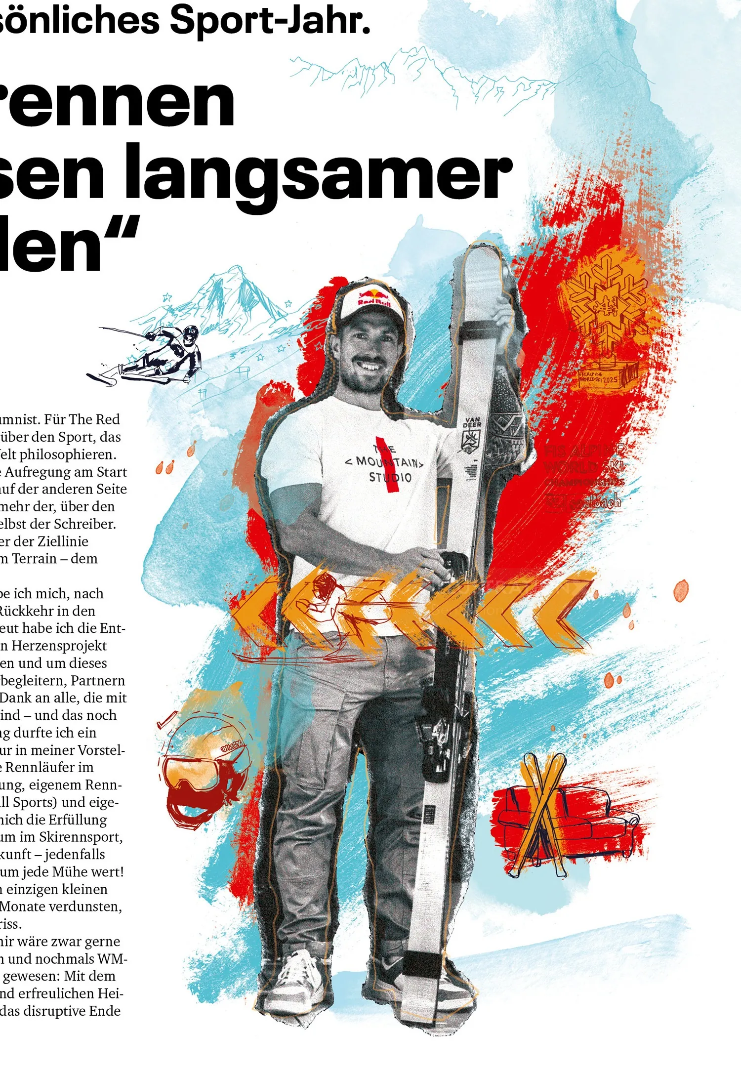 Illustration of skier Marcel Hirscher holding skis with dynamic red and blue background