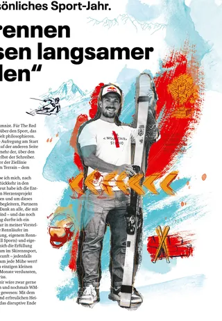 Illustration of skier Marcel Hirscher holding skis with dynamic red and blue background