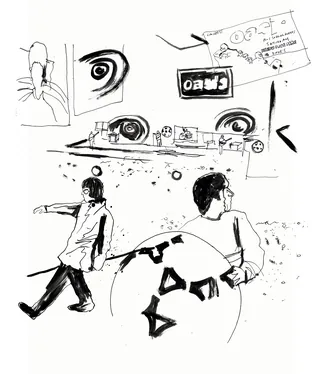 Black and white ink drawing of Oasis performing live at Knebworth