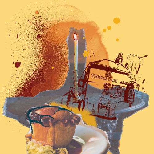 Illustration of pub food with pie, fork, knife, and restaurant scene