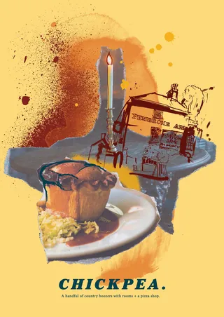 Illustration of pub food with pie, fork, knife, and restaurant scene