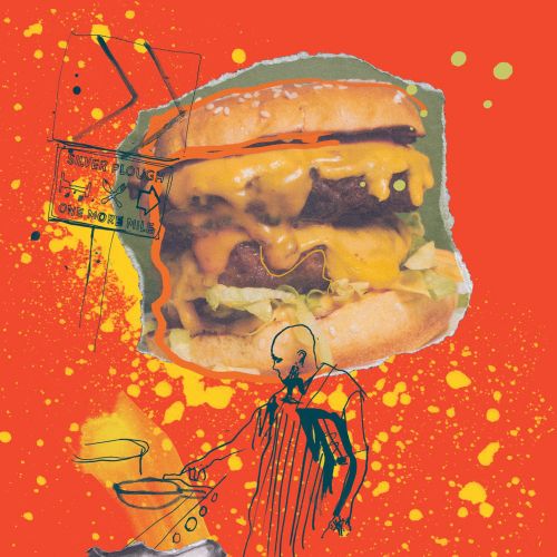 Double cheeseburger with abstract art on orange background