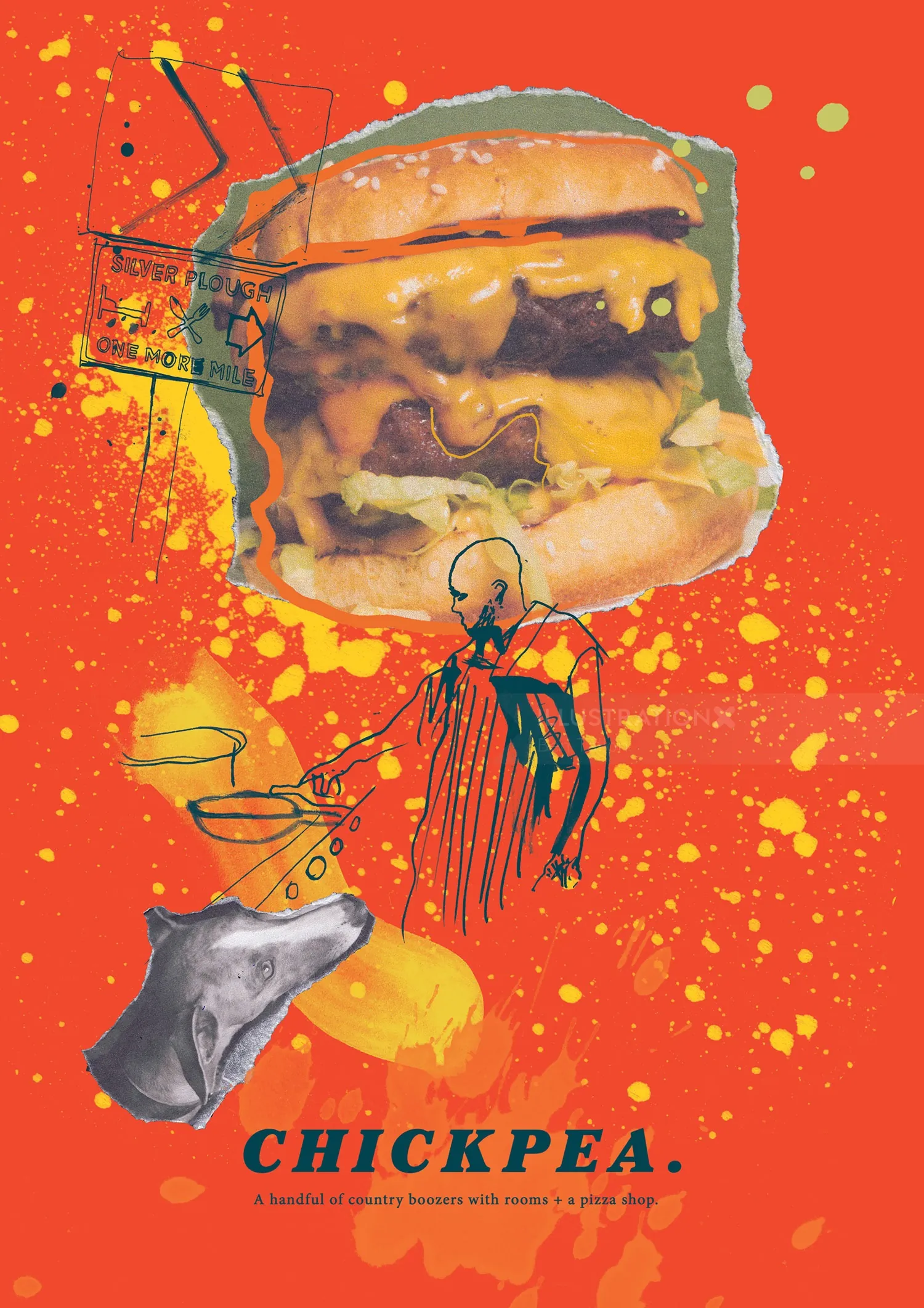Double cheeseburger with abstract art on orange background