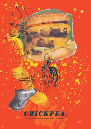 Double cheeseburger with abstract art on orange background