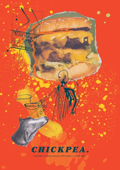 Double cheeseburger with abstract art on orange background