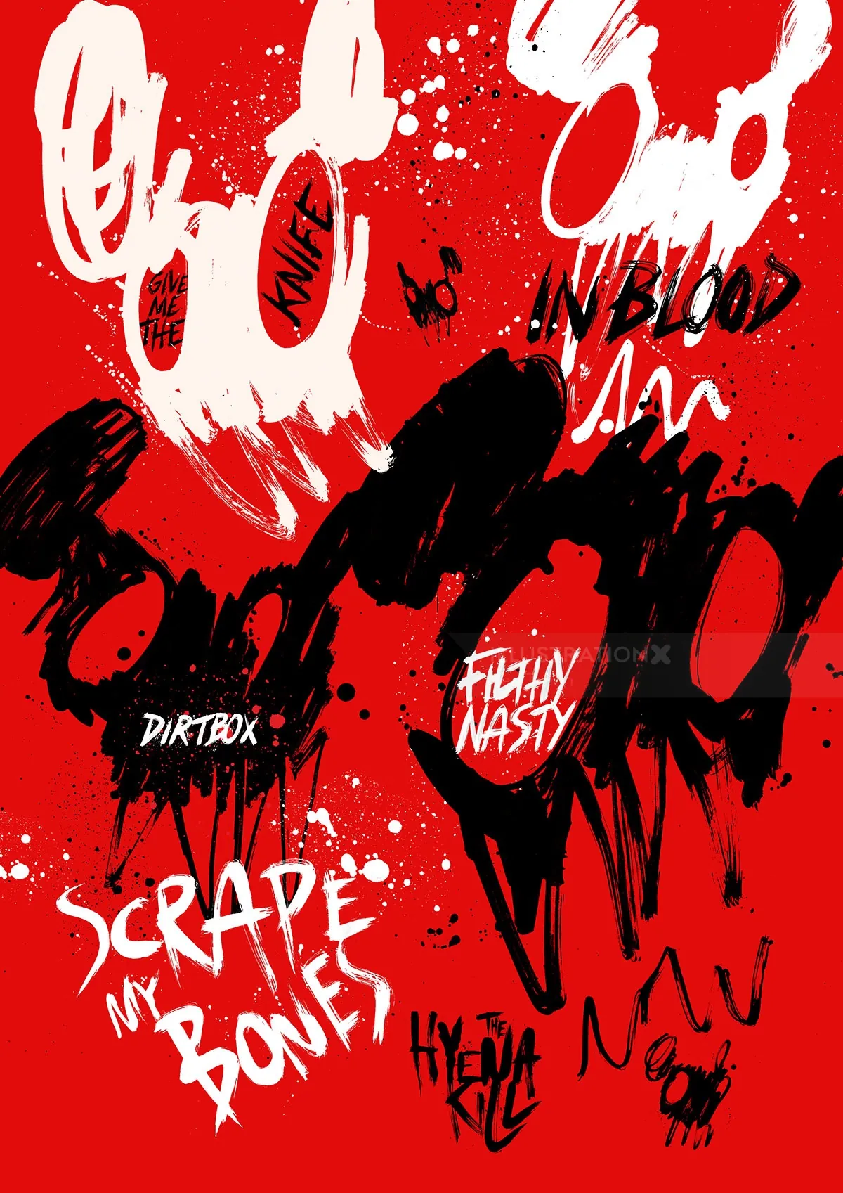 Hand-painted red and black gig poster with bold text and shapes