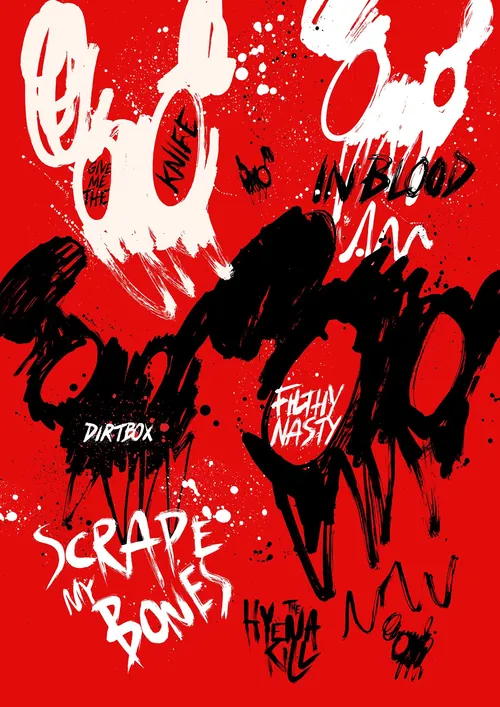 Hand-painted red and black gig poster with bold text and shapes
