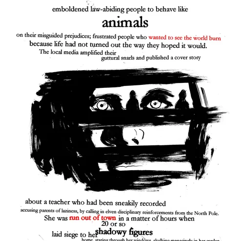 Black ink illustration of a distressed face behind bars with text
