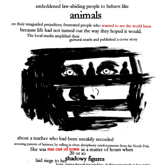 Black ink illustration of a distressed face behind bars with text