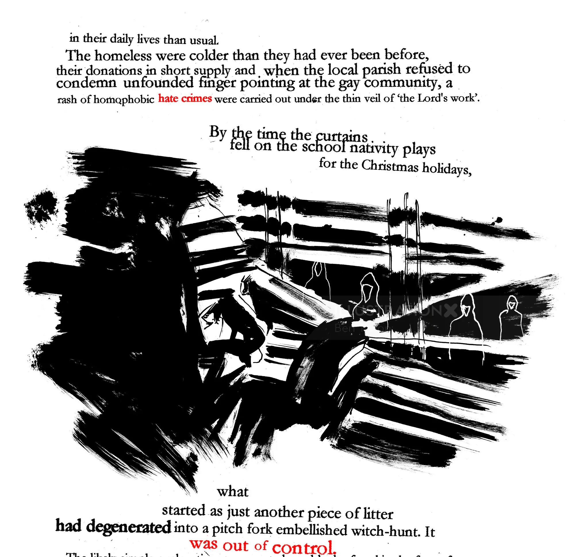 Black and white illustration of a homeless person by window with text, by Ben Tallon