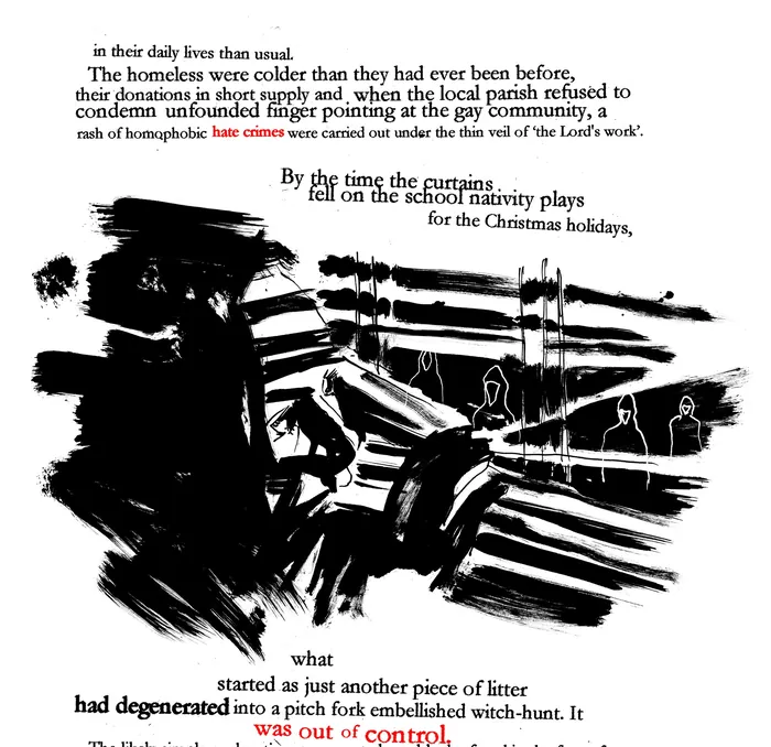 Black and white ink illustration of a figure behind bars and dark shadows