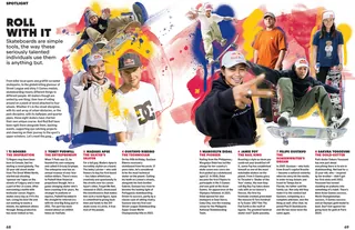 Illustration of skateboarders and snowboarders in mixed media style