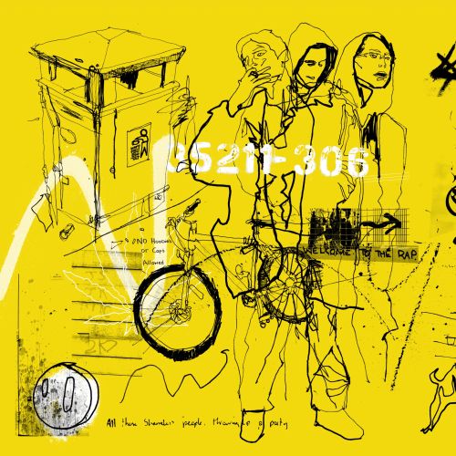 Illustration of three band members with bike and trash bin on yellow background