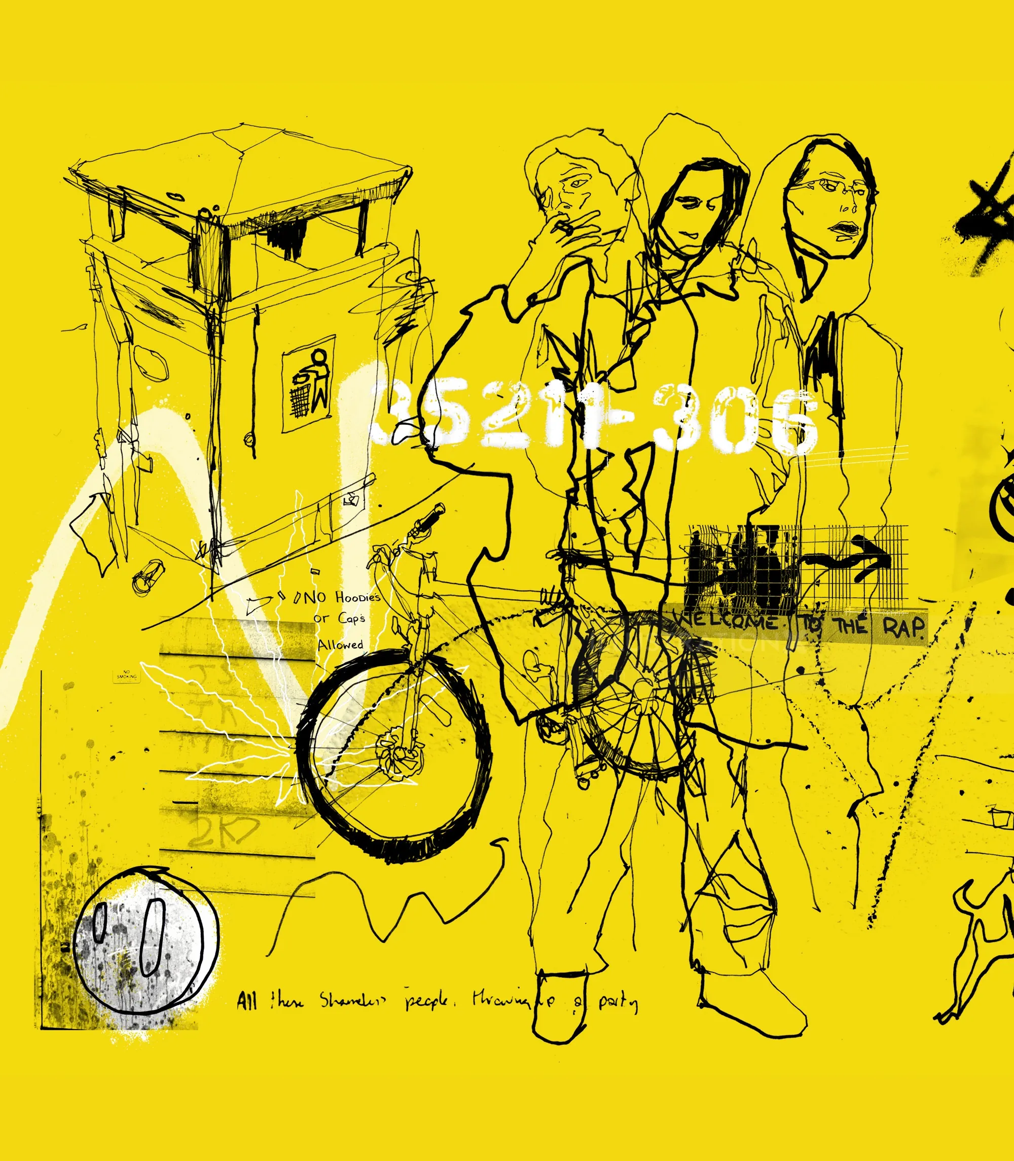 Illustration of three band members with bike and trash bin on yellow background