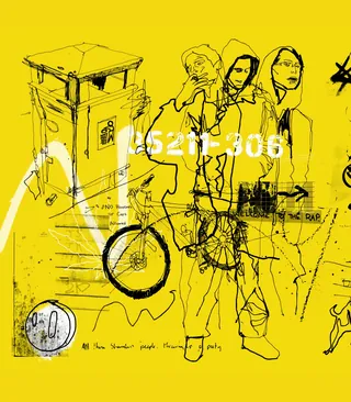 Illustration of three band members with bike and trash bin on yellow background