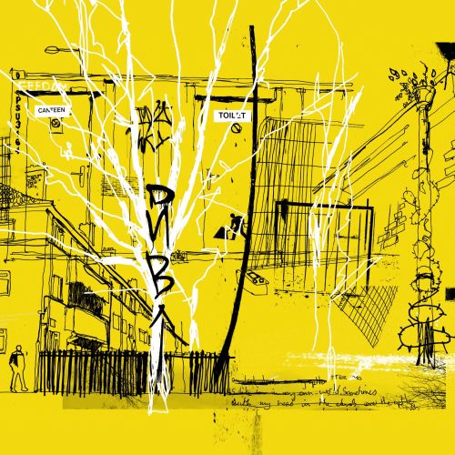 Hand-drawn urban street art with buildings and graffiti on yellow background