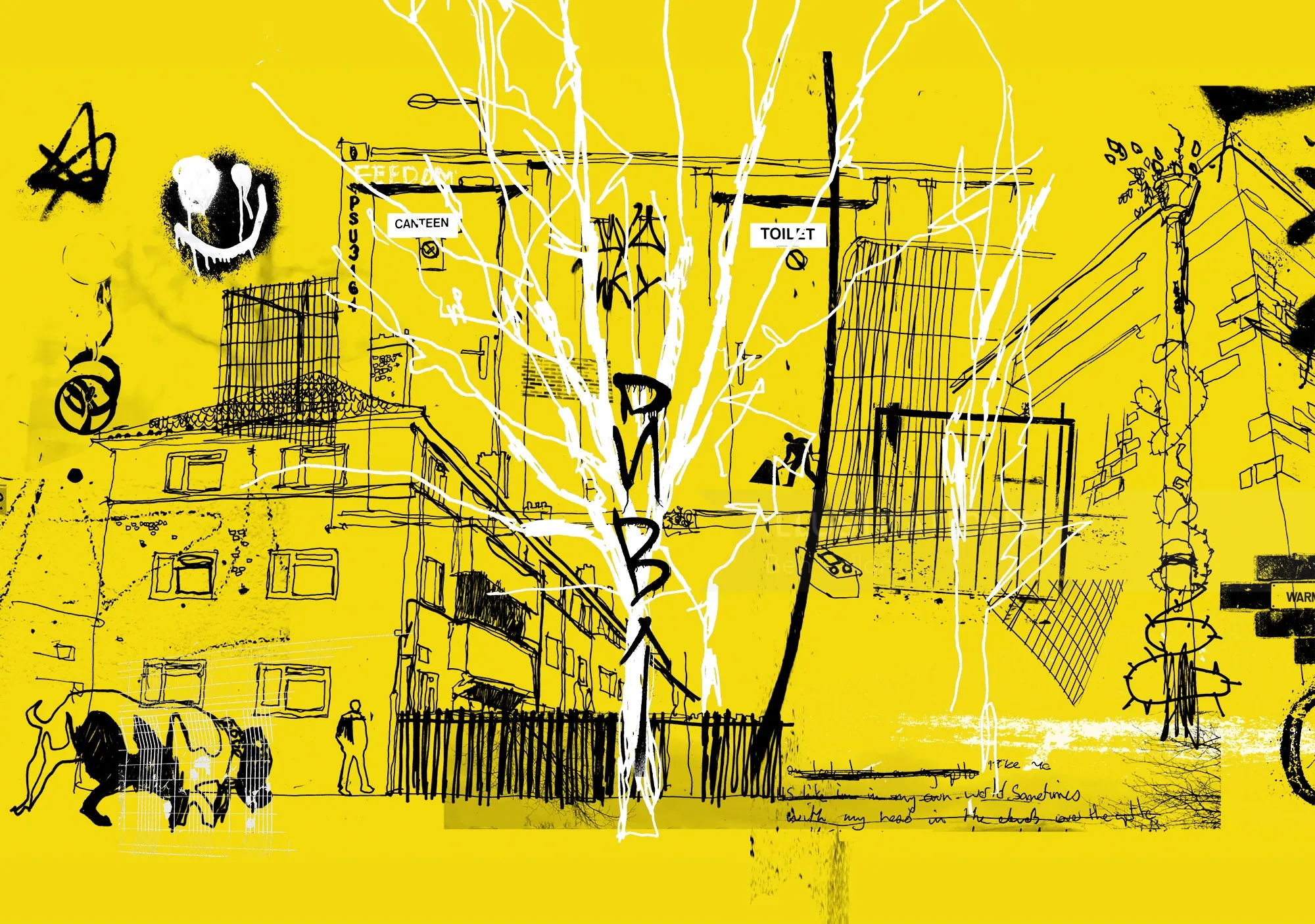Hand-drawn urban street art with buildings and graffiti on yellow background