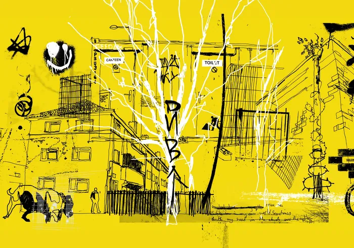Hand-drawn urban street art with buildings and graffiti on yellow background