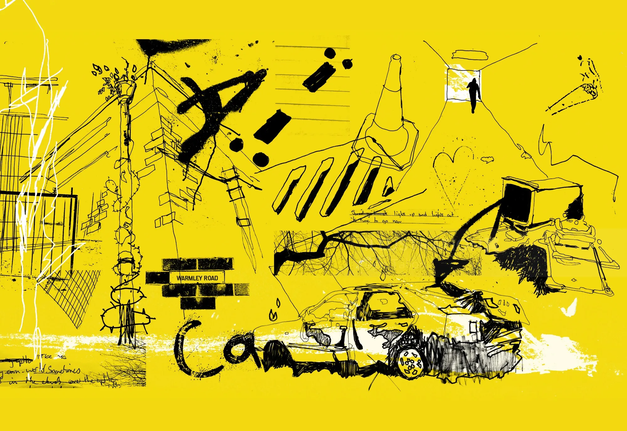 Abstract urban art with collage and spray paint on yellow background