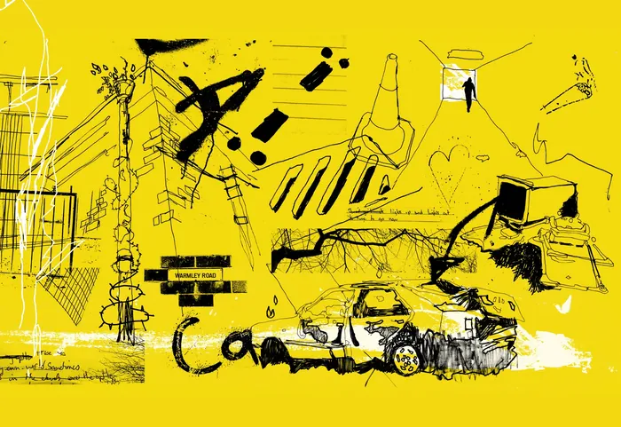 Abstract urban art with collage and spray paint on yellow background