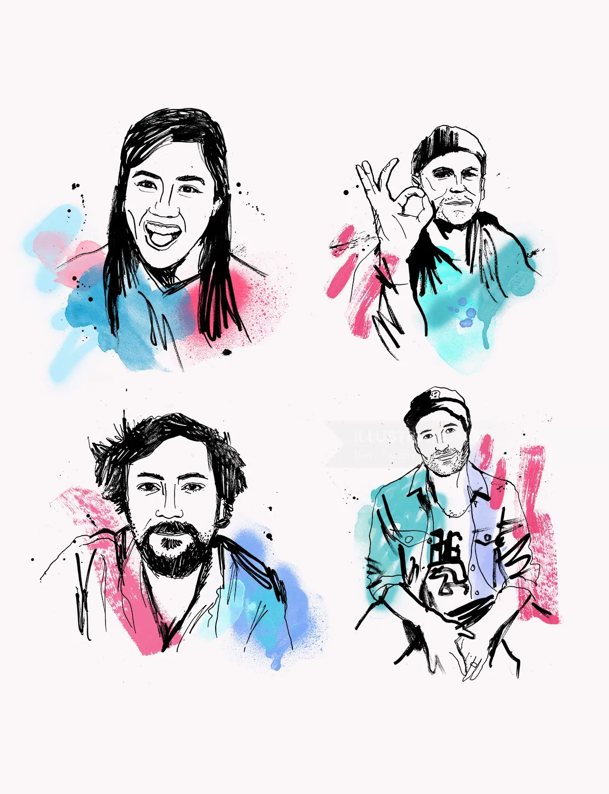 Hand-drawn colorful portraits of four individuals by Ben Tallon