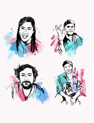 Hand-drawn colorful portraits of four individuals by Ben Tallon