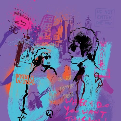 Mixed media portrait of Bob Dylan with urban elements by Ben Tallon