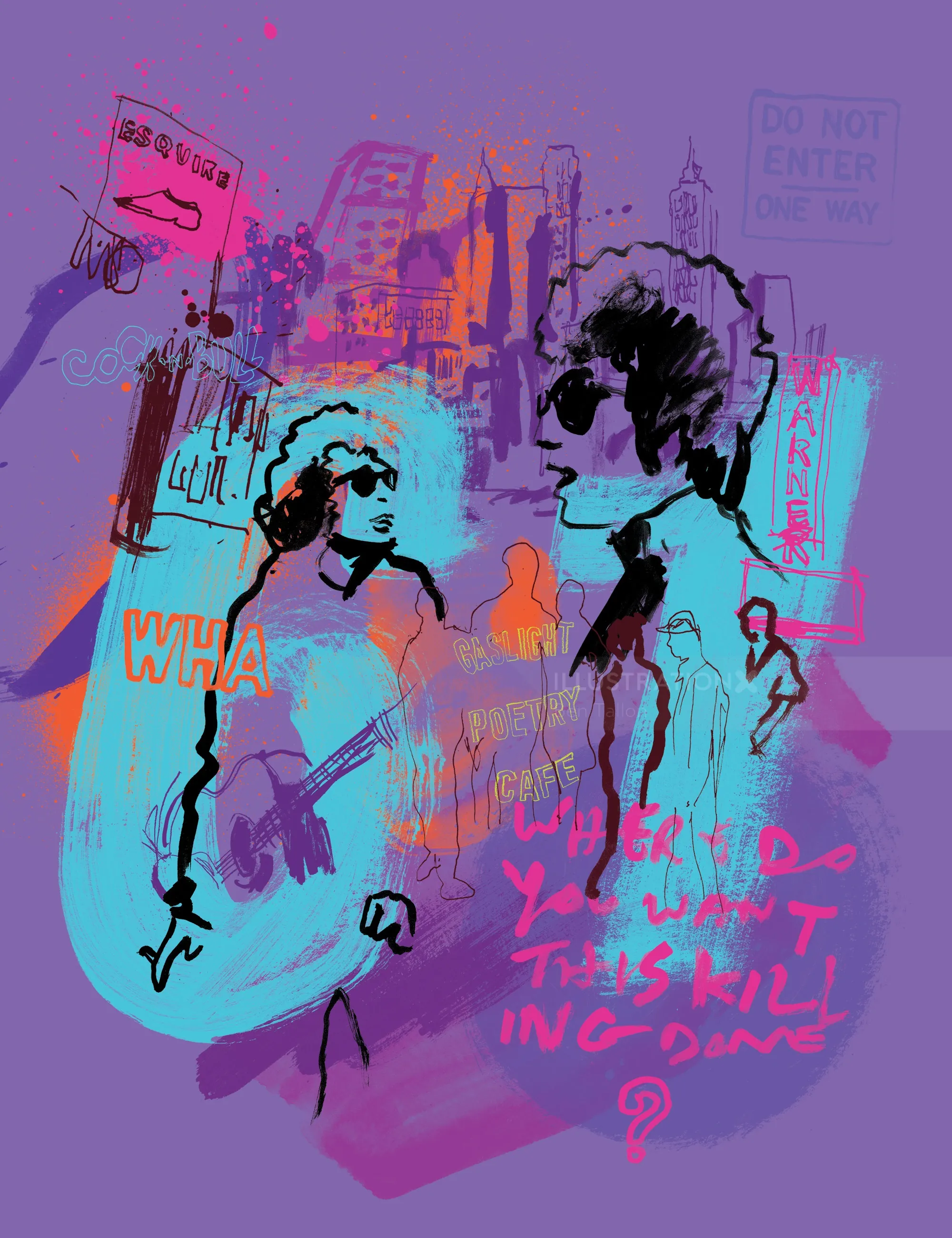 Mixed media portrait of Bob Dylan with urban elements by Ben Tallon