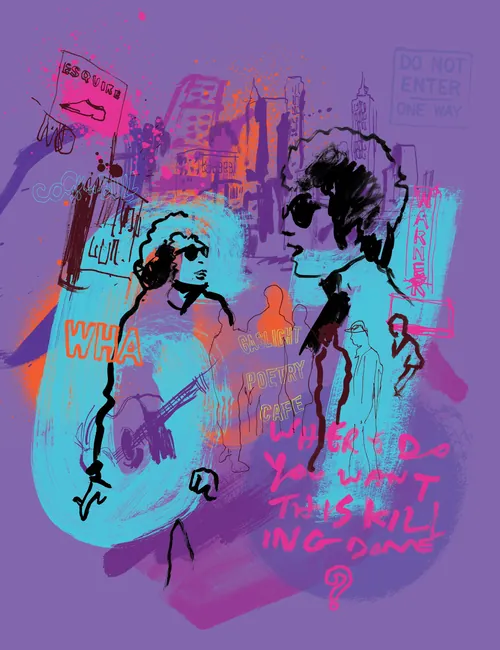 Mixed media portrait of Bob Dylan with urban elements by Ben Tallon