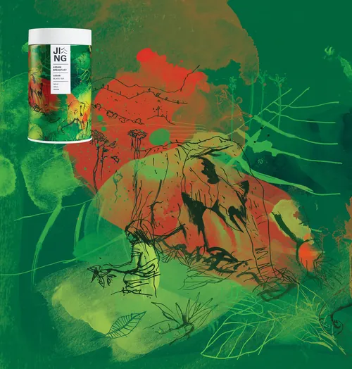 JING Tea packaging and abstract green and red illustration by Ben Tallon