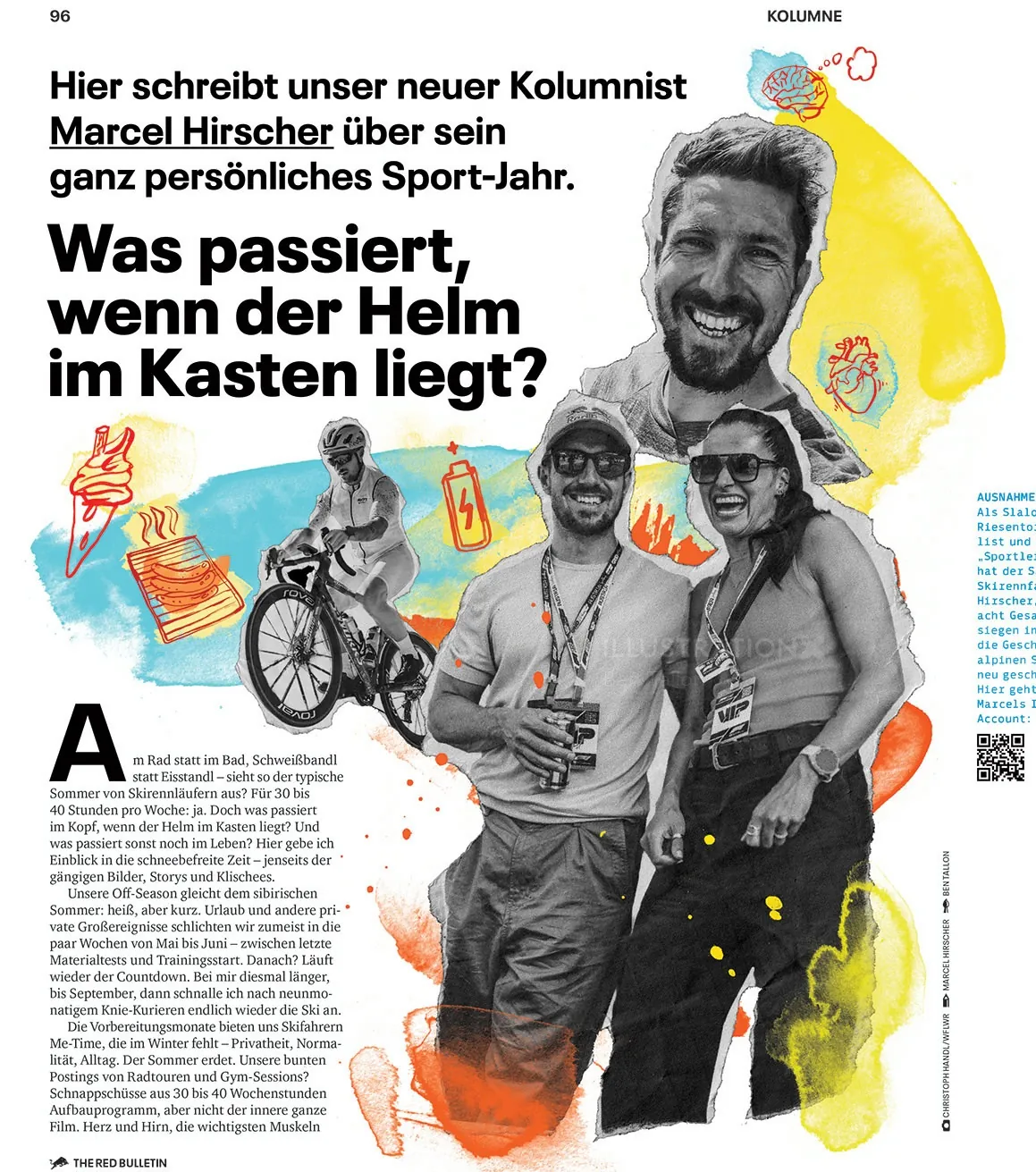 Collage illustration of skier Marcel Hirscher in winter sports scenes by Ben Tallon