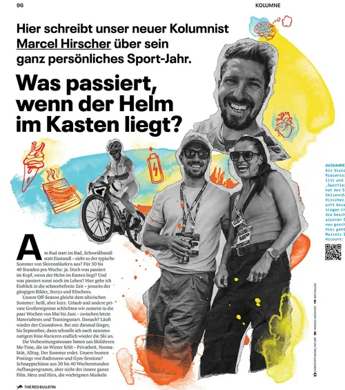 Collage illustration of skier Marcel Hirscher in winter sports scenes by Ben Tallon