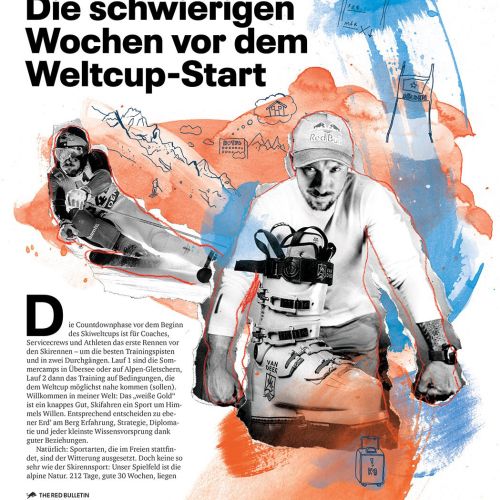 Illustration of Marcel Hirscher skiing and preparing with ski gear by Ben Tallon