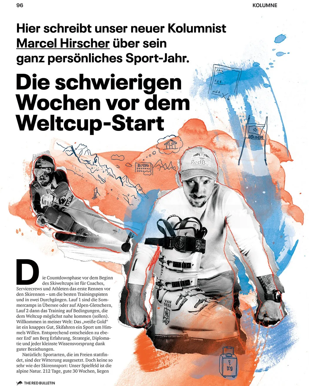 Illustration of Marcel Hirscher skiing and preparing with ski gear by Ben Tallon