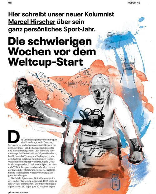 Illustration of Marcel Hirscher skiing and preparing with ski gear by Ben Tallon