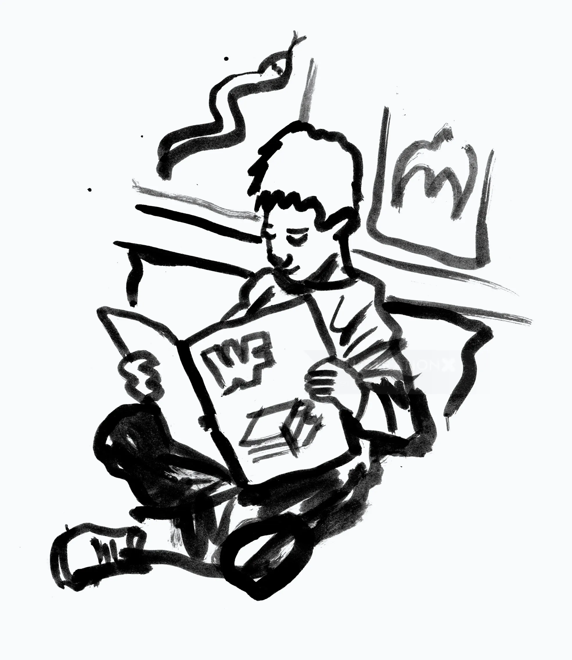 Pen and ink illustration of boy reading WWF Rampage comic by Ben Tallon