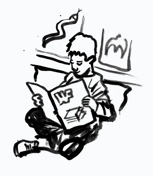 Pen and ink illustration of boy reading WWF Rampage comic by Ben Tallon