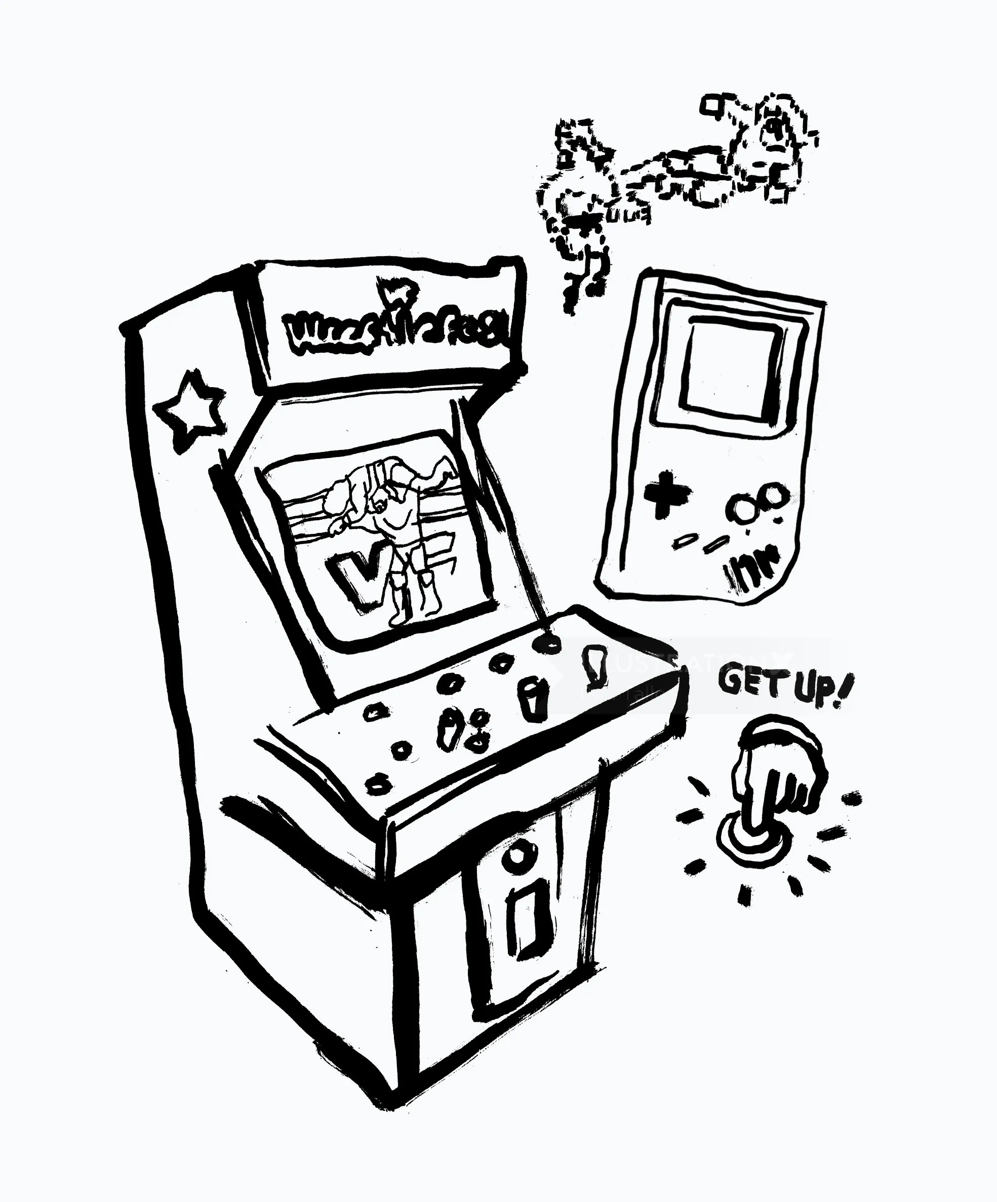 Hand-drawn WWF Rampage arcade machine and handheld game by Ben Tallon