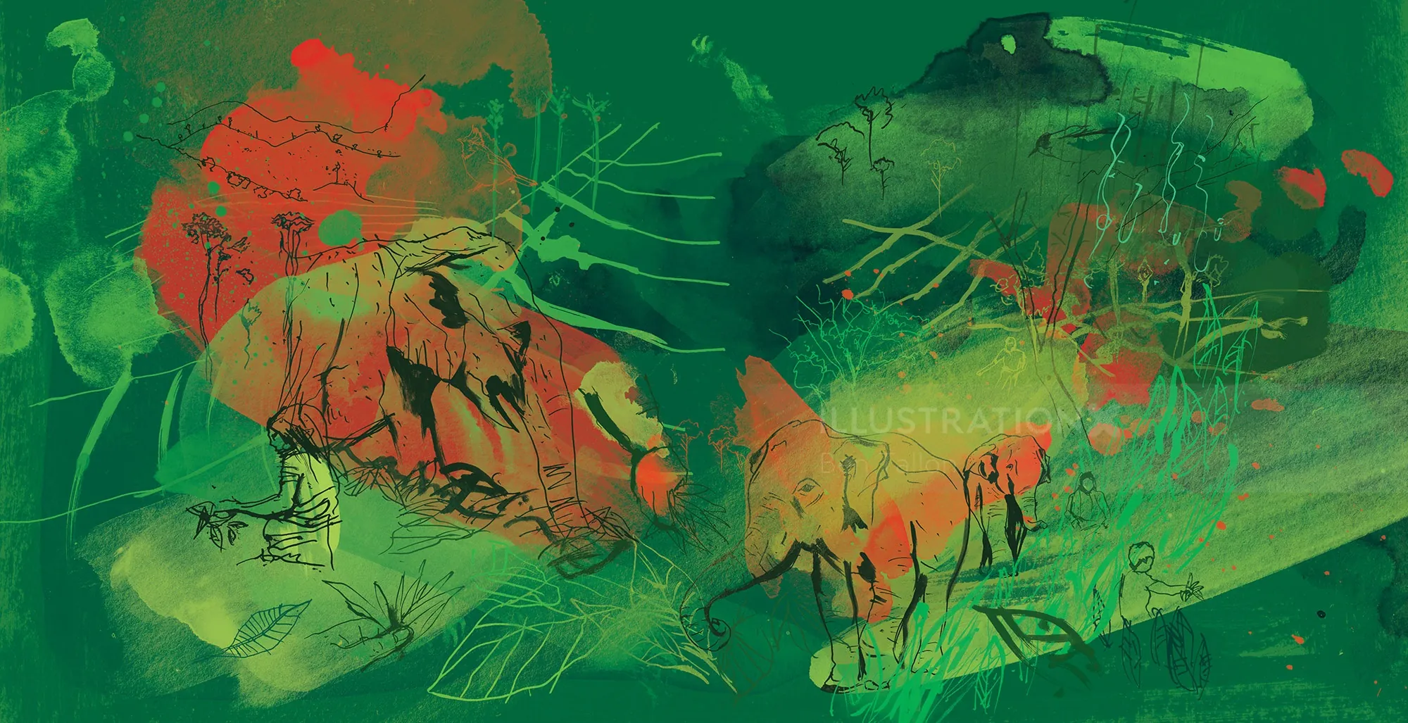Illustration of elephants and tea pickers in Assam, by Ben Tallon