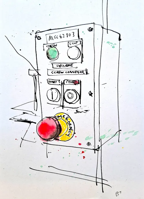 Ben Tallon's drawing of an industrial control panel with colored buttons