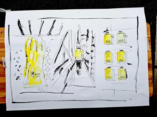 Ben Tallon drawing of an industrial power station with yellow tanks