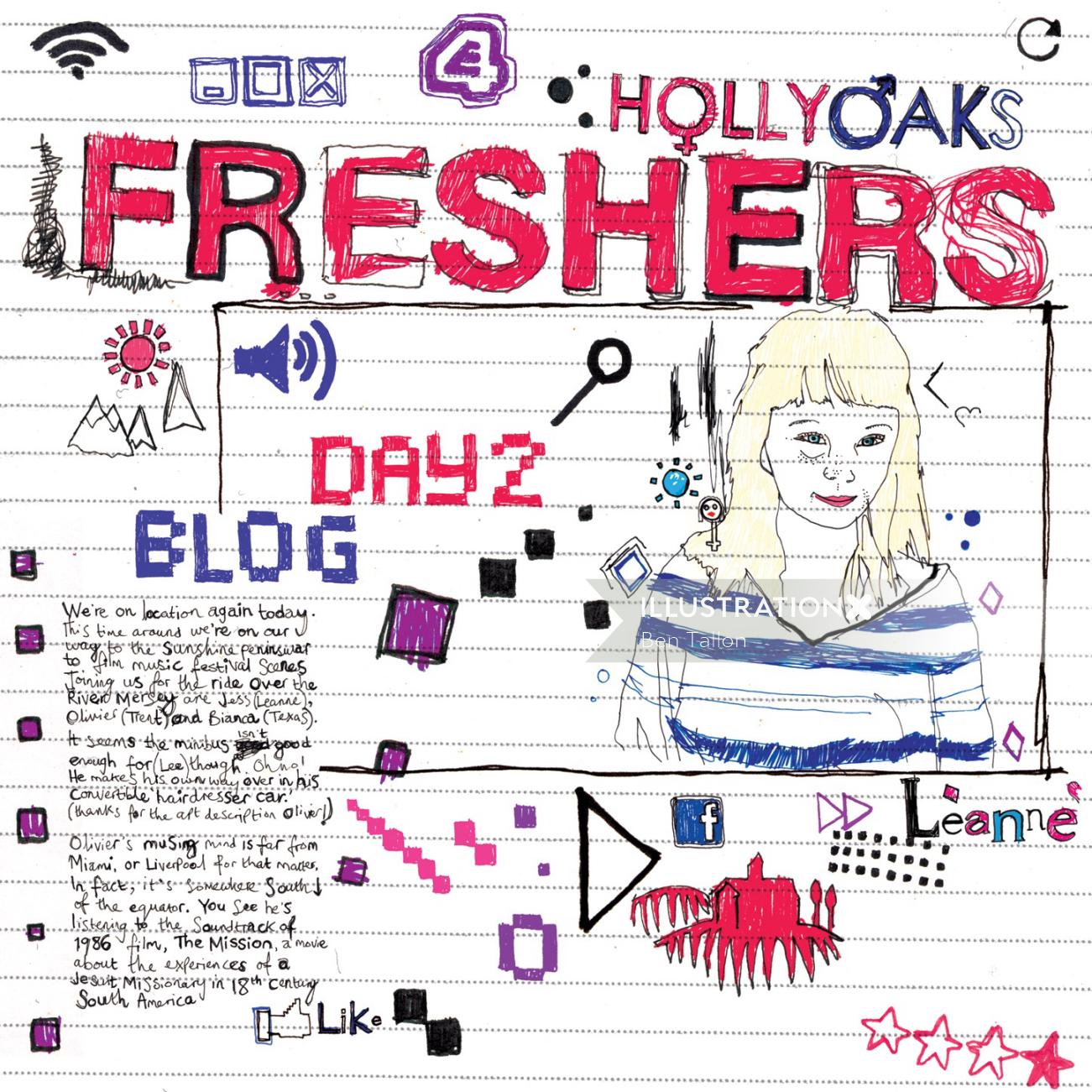 E4Hollyoaksの「Freshers」予告編のアニメーションイラスト