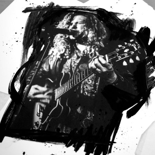 Graphic art of musician singing and playing guitar
