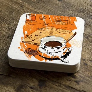 Coffee cup with saucer and coffee beans on table by Ben Tallon