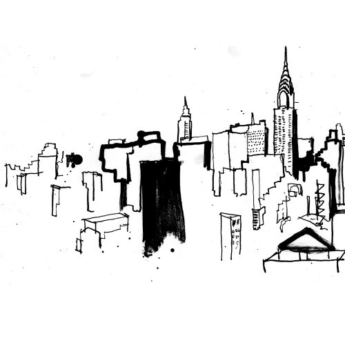 Black and white painting of city 