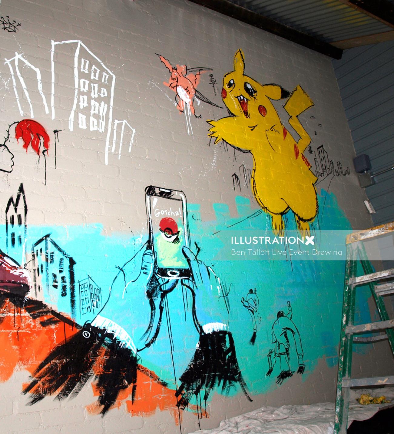 Live event drawing picachoo on wall
