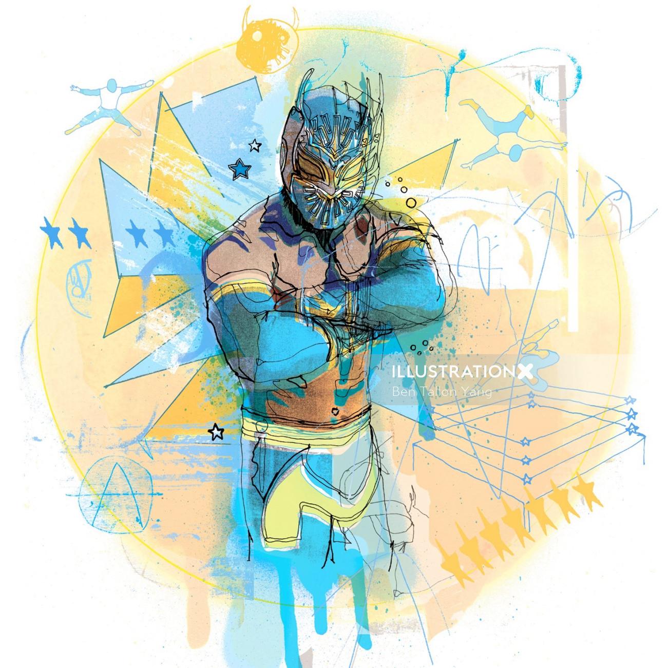 Sin Cara, an American professional wrestler, is drawn in pen and ink
