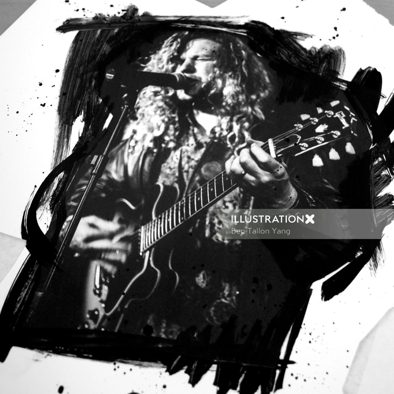Graphic art of musician singing and playing guitar
