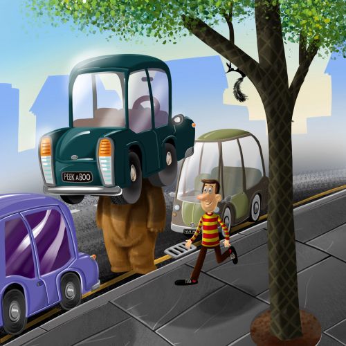 Illustration of Bear playing hide and seek in the city