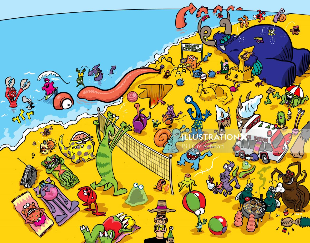 Monster Beach graphic design for Sky Kids Magazine